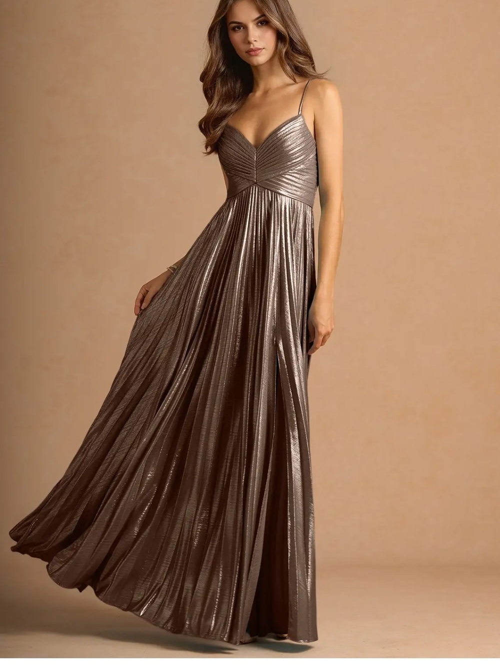 Azazie Metallic Bronze Pleated Spaghetti-Strap Maxi Dress